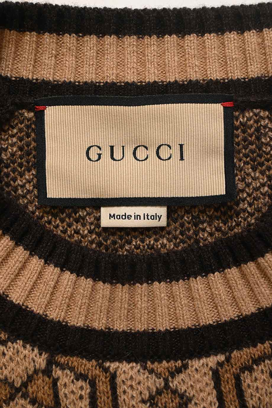 GUCCI タートルセーターsizeXLブラウンMADE IN ITALY GUCCI Size XL Tan Brown GG Monogram Cashmere Wool V-Neck Sweater