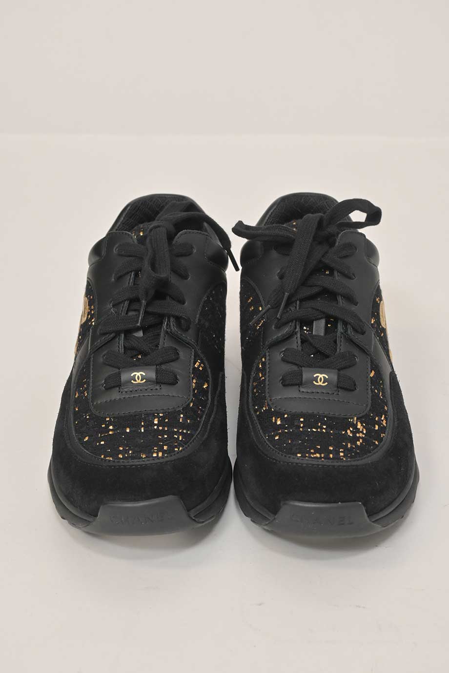 Tweed Chanel Sneakers Black And Gold CHANEL Black Tweed CC Gold